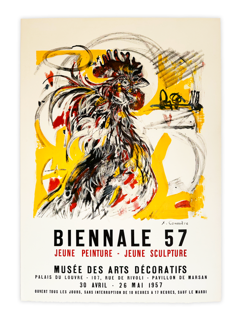 Affiche originale Yves-Jean Commère "Coq" Biennale 57 Musée des arts décoratifs - Mourlot, 1957 (papier arche)
