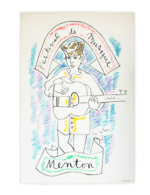 Affiche originale Jean Cocteau "Festival de musique - Menton", Mourlot - 1955 (Papier d'Arch)