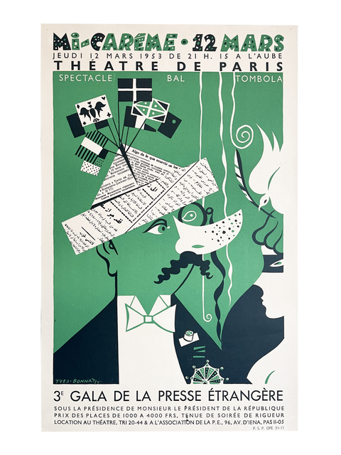 Affiche originale de Yves Bonnat "Mi-Carême" Théâtre de Paris, 1953