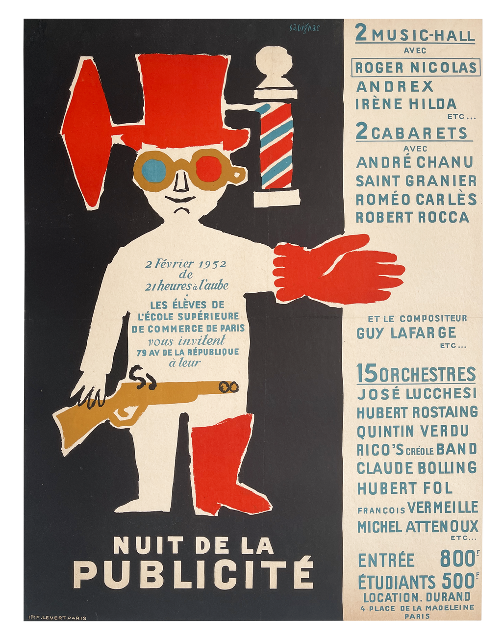 Nuit de la Publicité 1952年 Savignac リト Original Savignac Poster Nuit De La Publicité, Paris - 1952