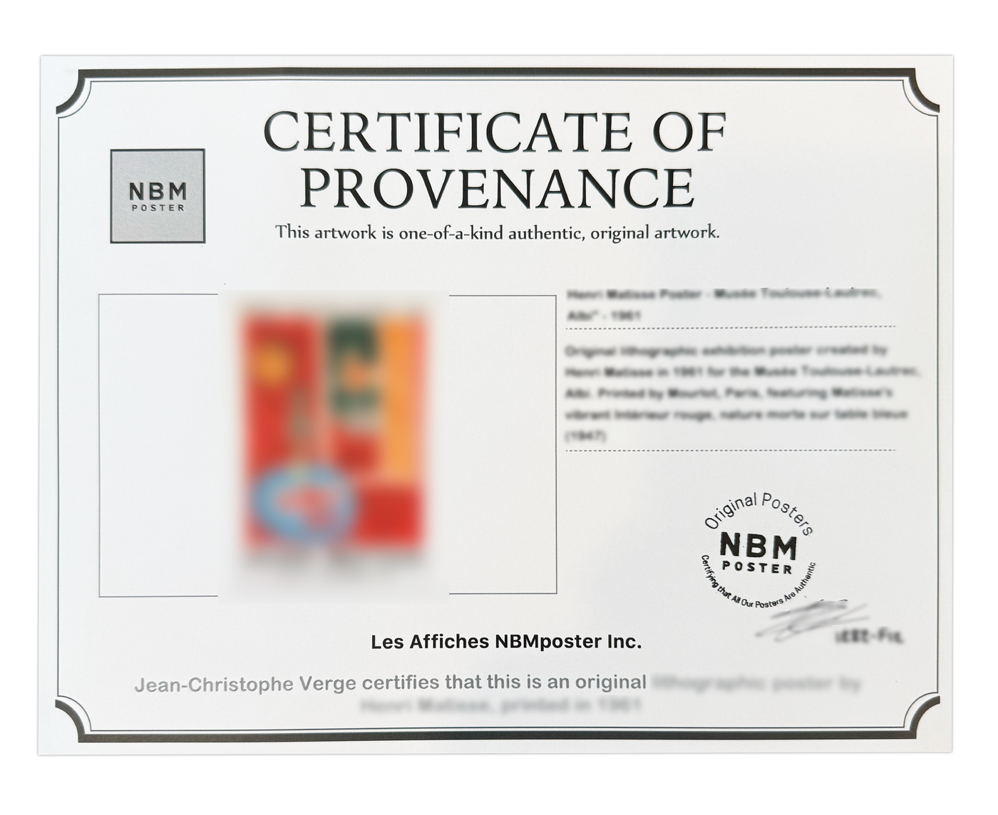 Example Certificate of Provenance